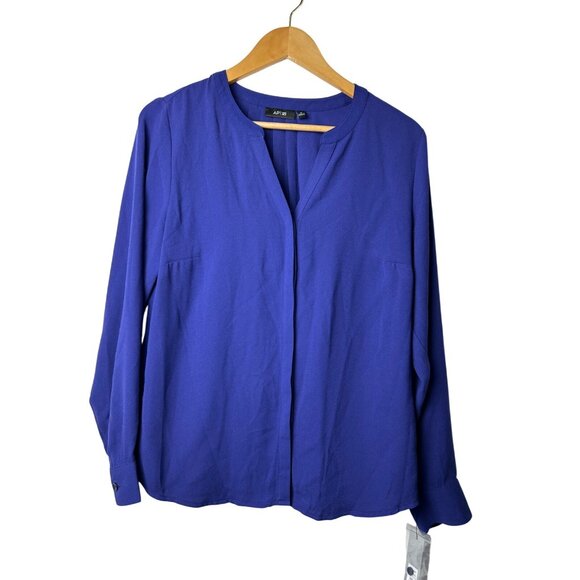 NWT Apt 9 Ladies Sz M Long Sleeve Hidden Button Up Blouse Blue VNeck Casual Work - Picture 1 of 10